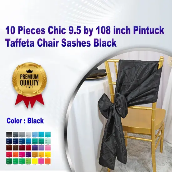 10 Pieces Chic 9.5 by 108 inch Pintuck Taffeta Chair Sashes Black {1}