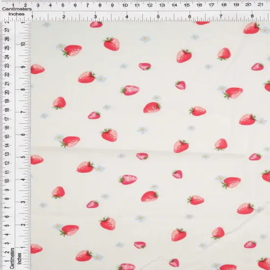 1 Yard Stretch Poplin Strawberry Print Fabric, 57/58&Prime; Wide Cotton Spandex Blend IVORY {3}