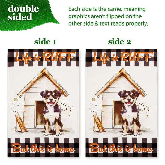 G128 Combo Pack: Garden Flag Stand Black 36x16IN & Garden Flag Life is Ruff Dog House Printed 12x18IN Double Sided Yard Lawn Decoration {5}