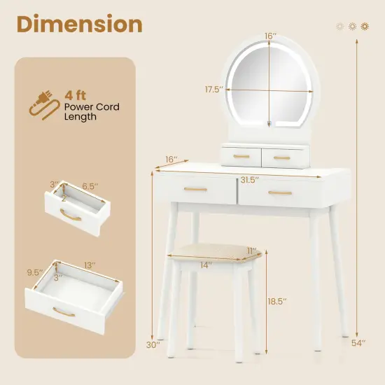 Wood MDF Vanity Table with LED Mirror, Storage Drawers and Stool White {3}