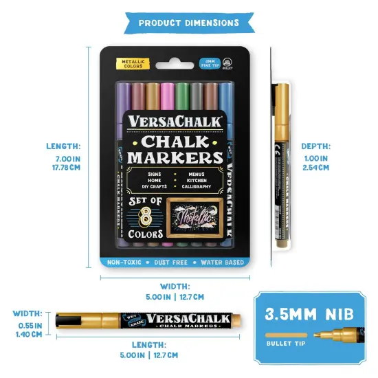 VersaChalk Metallic Liquid Chalk Markers for Chalkboards, Set of 8 - 3mm Fine Tip {2}