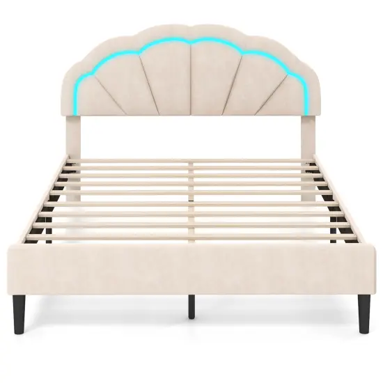 Beige Velvet Bed Frame with LED Lights, Petal Headboard and Adjustable Height {3}
