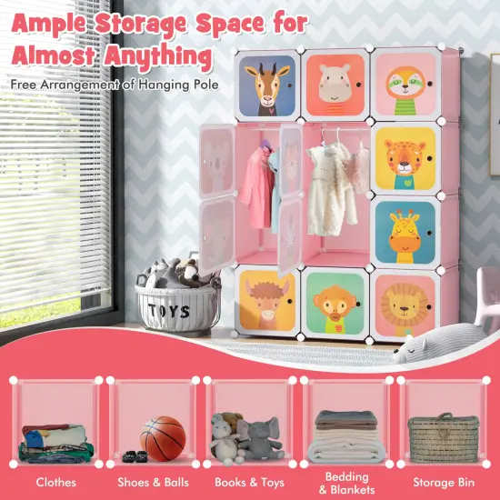 12 Cube Kids Closet with Hanging Rod and Storage Doors for Easy Organization Pink {4}