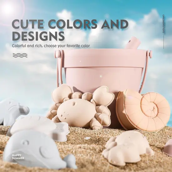 11Pcs Summer Silicone Beach Toys,Modern Baby Beach Toys,Travel Friendly Beach Set,Silicone Bucket, Shovel, 8 Sand Molds, Beach Bag,Silicone Sand Toys for Toddlers, Kids (Pink) {4}