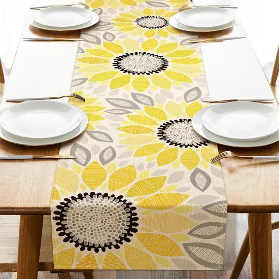 Fall Abstract Sunflower Table Runner, Autumn Flower Floral Geometry Kitchen Dining Table Decoration, Spring Summer Seasonal Burlap Indoor Outdoor Home Decor Party Supply 13 x 72 Inches {1}