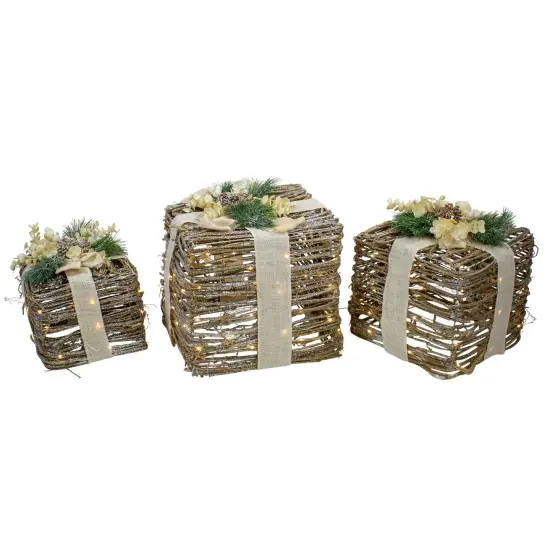 Northlight Set of 3 Silver LED Rattan Christmas Gift Boxes With Pine Cones - 13" White {1}