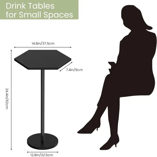 Modern Hexagon Pedestal Table Set of 2 - Black Drink Tables for Small Spaces, 24.4in/62cm Tall, Multi-Functional End Tables for Living Room, Bedroom, Patio (Easy Assembly) {2}