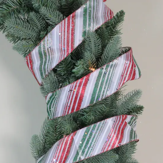 Northlight Red and Green Glitter Striped Christmas Wired Craft Ribbon 2.5" x 16 Yards {3}