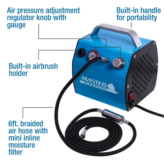 Model TC-77 - Professional Super Quiet High Performance Compact Airbrush Compressor with Small Air Tank, Moisture Trap & Hose {2}