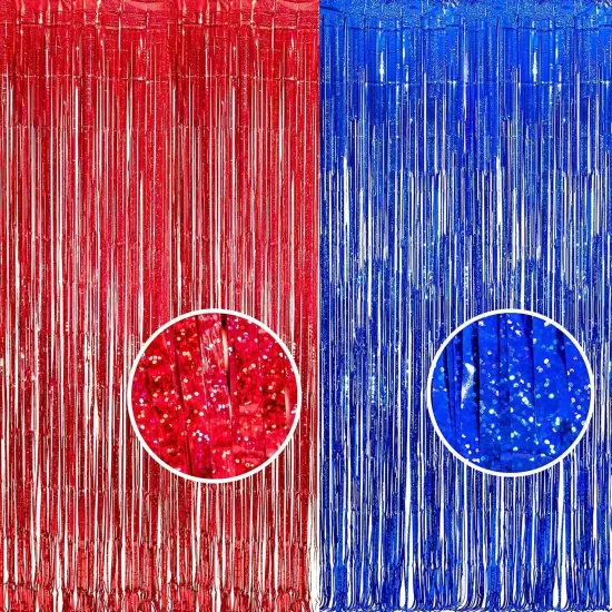 Foil Fringe Curtain 4th of July Decorations - Red Blue Metallic Tinsel Photo Booth Backdrop Party Steamers Curtains for Birthdays Christmas New Years Valentines Bachelorette Parties {1}