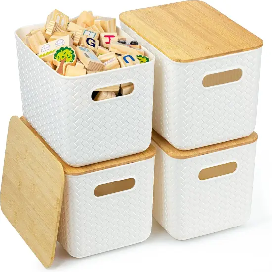4 Pack Bamboo Lid Storage Bins - Stackable Plastic Containers for Organizing Desktop {1}