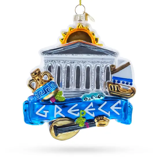 Landmarks and Symbols of Greece Glass Christmas Ornament {1}