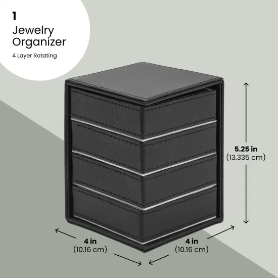 4 Layer Rotating Jewelry Organizer for Men, Women, Small Faux Leather Box for Necklaces, Rings, Earring, Bracelets (Black, 4x5.25") {2}