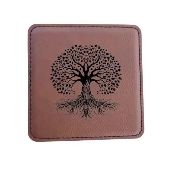 Coaster - Celtic Tree of Life - SET OF 2 - Leather or Stitched Cork Dark Brown/Black {5}