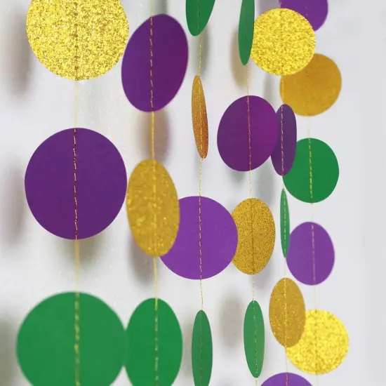 Gold Purple Green Mardi Gras Party Decorations Glitter Dot Garland Circle Streamers Banner Backdrop for Fat Tuesday Carnival Themed Parties Wedding Baby Shower Birthday Decor {1}