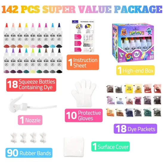 Tie Dye Kit, Tie Dye Set for Kids, 18 Vibrant Colors Pre-Filled Tye Dye Bottles, Non Toxic Permanent Fabric Dye Art Set, Easy DIY Fabric Art - Create Fun {1}