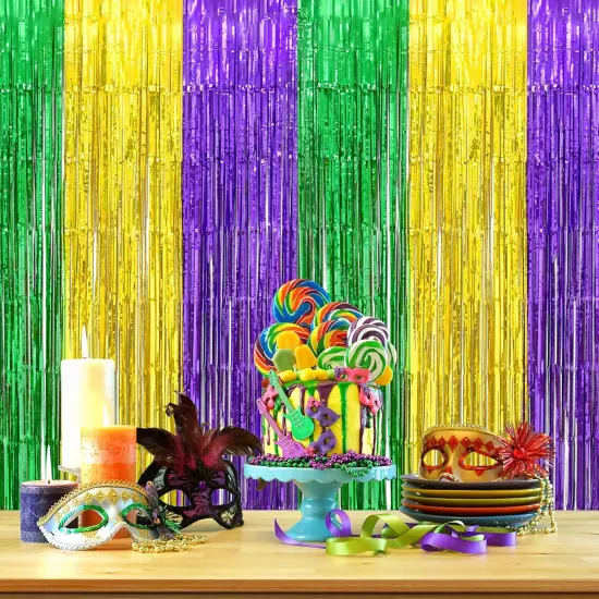 Mardi Gras Party Decorations 2 Pack 3.3 X 6.6 ft Green Gold Purple Metallic Tinsel Foil Fringe Curtains Photo Booth Props Background Decor Backdrop Streamer for Mardi Gras Carnival Birthday {3}