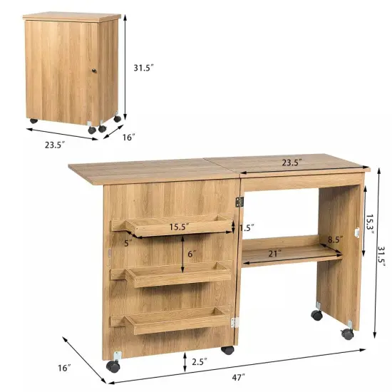 Home Sewing Craft Table Shelf Storage Cabinet Foldable Design W/Wheels Natural {4}