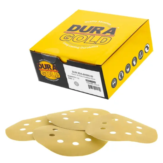 500 Grit - 5" Gold DA Sanding Discs - 8-Hole Pattern Hook and Loop - Box of 50 {1}