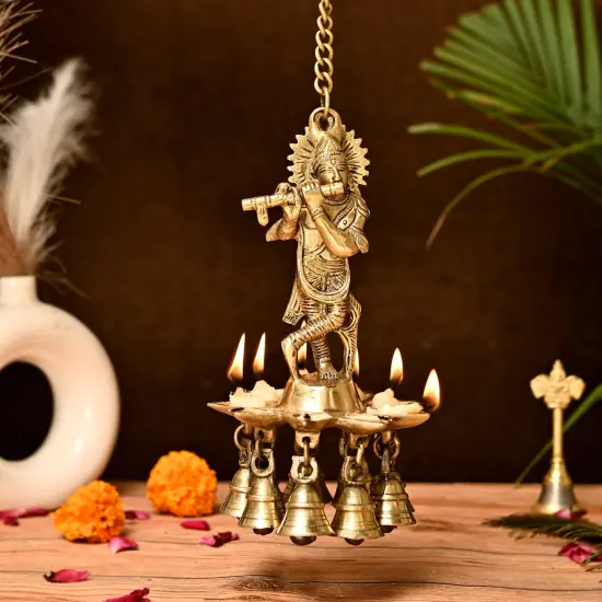 Brass Krishna Wall Hanging Diya with Bells & Chain Krishna Hanging Idol Oil Lamp Home Temple Mandir Office Diwali Decor Kathu Vilakku Puja Diyas - Deepawali Housewarming Return Gifts {1}