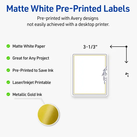 Avery Printable Rectangle Labels, Gold & Navy Border with Florals, 4" x 3-1/3", Matte White Rectangle Labels, Permanent, Laser/Inkjet, 40ct, Great for Product Labels {2}