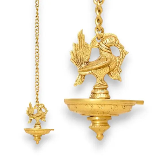 Brass Peacock Wall Hanging Diya with Chain Annam Hanging Idol Oil Lamp Diya for Home Temple Mandir Office Diwali Decor Kathu Vilakku Puja Diya - Deepawali Housewarming Return Gift {6}