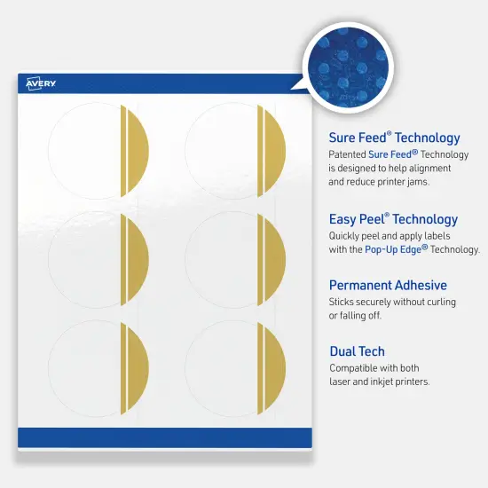 Avery Printable Round Labels, Gold Double-Dipped Edge, 3" Diameter, Glossy White Round Labels, Permanent, Laser/Inkjet, 60ct, Great for Product Labels {3}