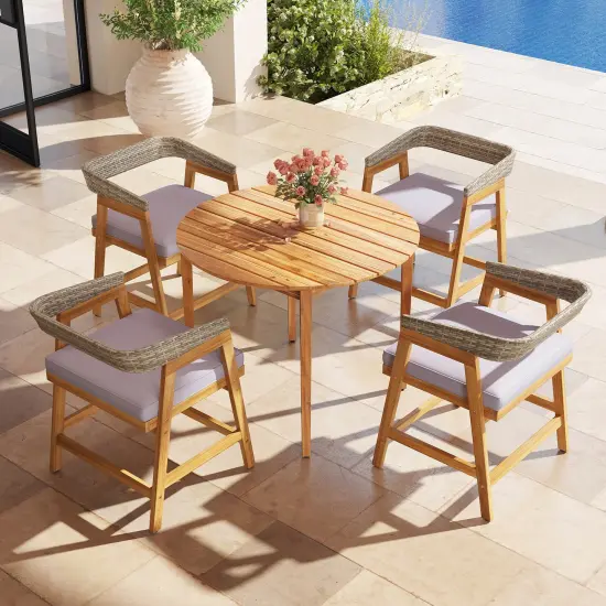 Costway 5 Piece Patio Dining Set Outdoor Solid Wood Furniture with Rattan Backrest {1}