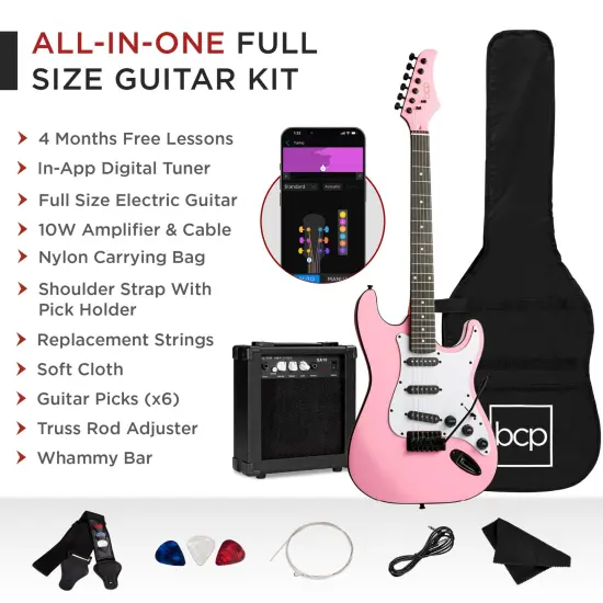 Best Choice Products 39in Full Size Beginner Electric Guitar Kit with Case, Strap, Amp, Whammy Bar Pink {3}