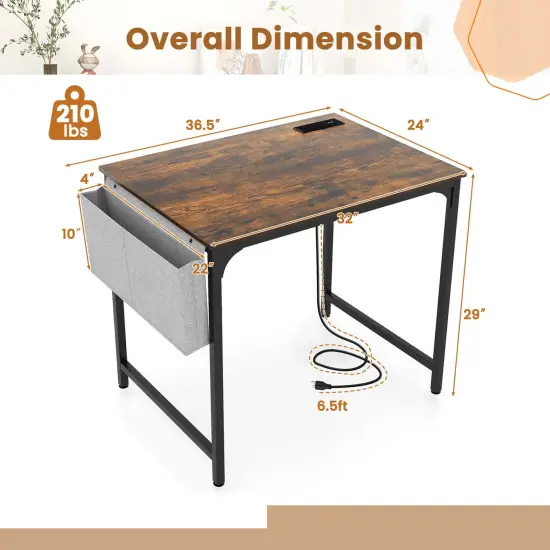 Costway 32" Meeting Room Desk Set of 2/4/6 with Charging Station & Headphone Hook Metal Frame Brown {3}