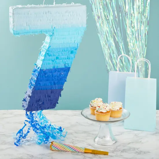 BLUE PANDA Ombre Blue Number 7 Pull String Pinata, Party Game for Kids Ages 3-14, Fillable Hanging Decoration for Birthday Decorations, Holds Candy, Toys & Confetti (16.5 x 11.35 In) {2}