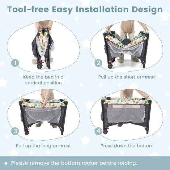 Honeyjoy 5-in-1 Baby Crib with Adjustable Height Soft Mattress Portable Pack Play with Music Black/Grey {6}