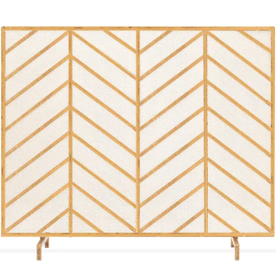 Best Choice Products 38x31in Single Panel Handcrafted Iron Chevron Fireplace Screen w/ Distressed Finish Gold {1}