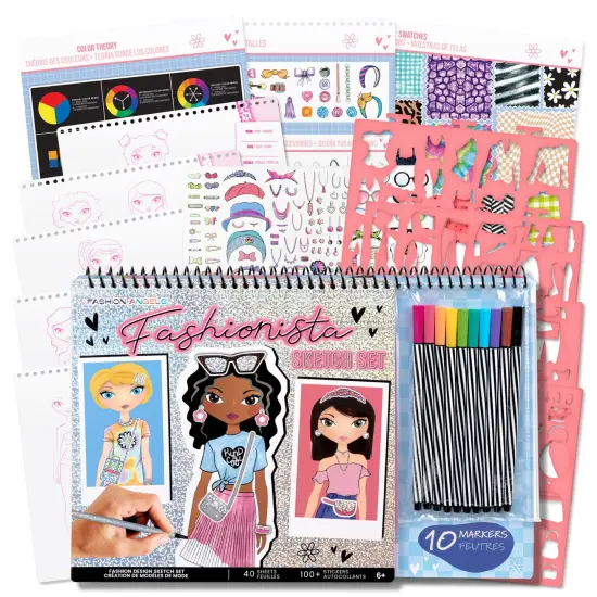 Fashion Angels: Sketch Portfolio Set & Markers - Fashionista - Outfit Design Pad, 10 Markers, Stencils, 100+ Holographic Stickers, Girls-Tweens-Kid 6+ {1}