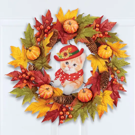 Collections Etc Charming Autumn Cat Artificial Leaves and Pumpkins Hanging Wreath {1}