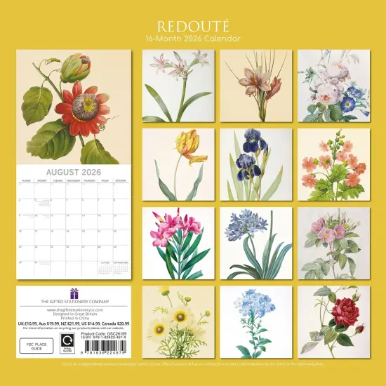 The Gifted Stationary 2026 Square Wall Calendar, Redouté, 16-Month Arts & Antiques Theme Hanging Calendar with 180 Reminder Stickers, Month Planner for Home, or Creative Spaces, 12x12 In Multicolor {4}