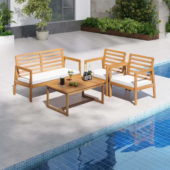 Costway 4 PCS Wood Patio Furniture Set with Soft Seat Cushions Solid Acacia Wood Frame {4}