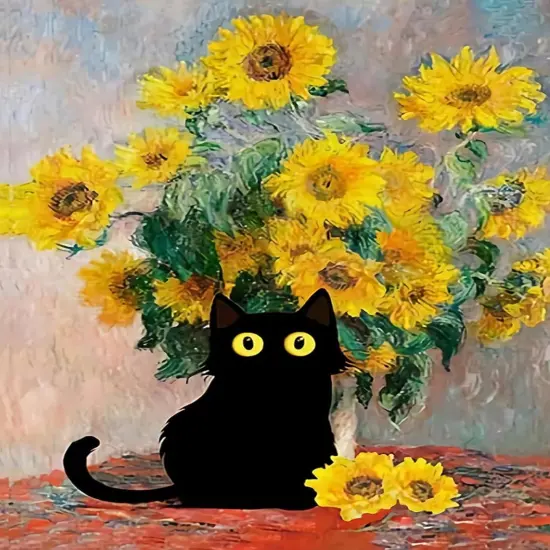 Sunflowers and Black Cats Diamond Art Kits for Adults {1}