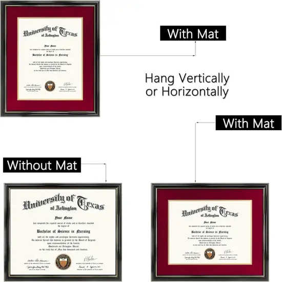 11x14 Diploma Frame with Red over Gold Mat or Display 15x18 Certificate without Mat,Solid Wood & UV Protection Acrylic,Glossy Black Finish with Gold Trim {5}