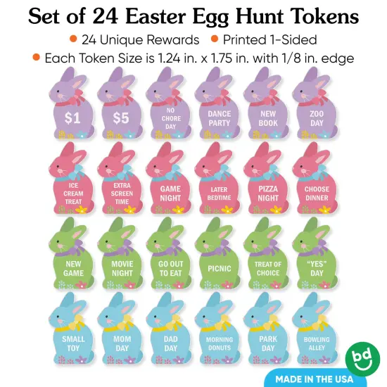 Big Dot of Happiness Colorful Easter Egg Hunt Token Stuffers, 24 Count Bunny Shape Filler Tokens with Fun Rewards for Kids, Reusable Easter Activity, Egg Hunt Supplies {5}