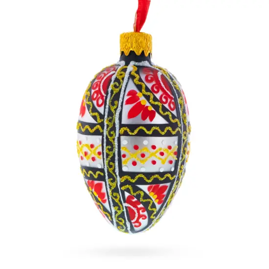 Ukrainian Geometric Red and Gold Mini Glass Egg Ornament 2.9 Inches {3}