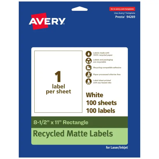 Avery Recycled Matte White Labels,8-1/2" x 11" Rectangle {1}