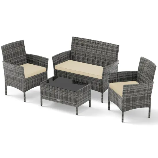 Costway 4 PCS Patio Furniture Set with Washable Cushions and Tempered Glass Coffee Table Gray {9}