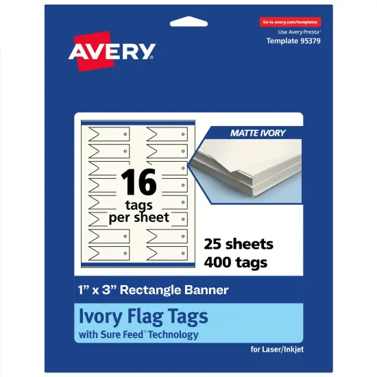 Avery Printable Banner Rectangle Flag Tags, Sure Feed Technology, 1" x 3", Matte Ivory Cardstock, Print-to-The-Edge, Laser/Inkjet Printable, 160 Total {1}