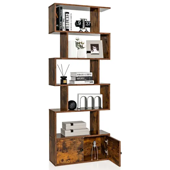 Costway Bookshelf with Cabinet 6-Tier S-Shaped Bookcase Storage Rack Rustic Brown/White/Black {7}