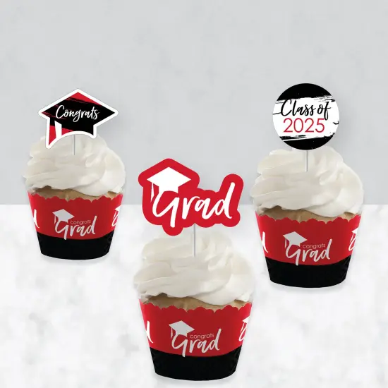 Big Dot of Happiness 2025 Red Graduation Cupcake Decoration - Party Cupcake Wrappers and Treat Picks Kit - Set of 24 {4}