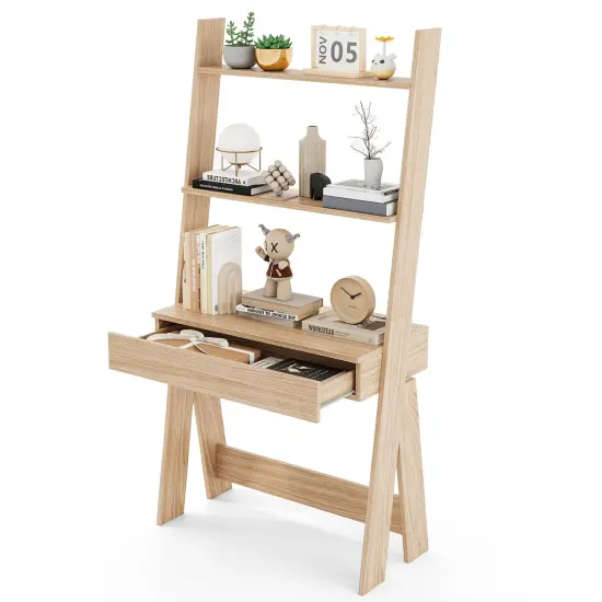 Costway Home Office Ladder Desk Wall-Leaning Laptop Workstation with Storage Shelves Natural/White/Walnut {1}