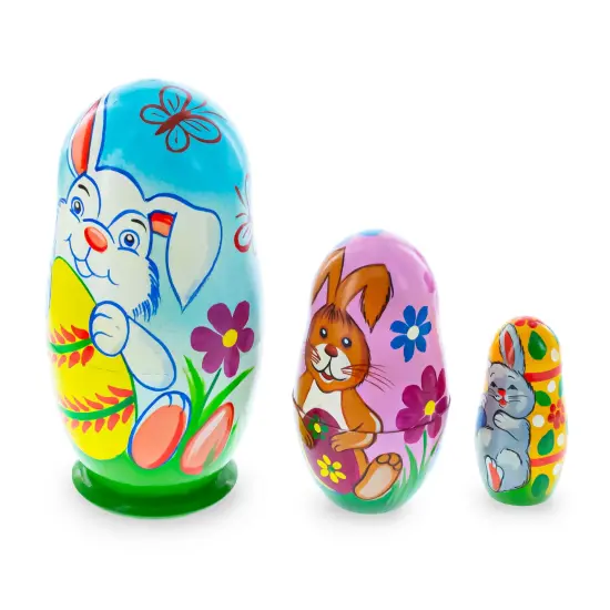 Set of 3 Bunnies and Easter Eggs Wooden Nesting Dolls 4.25 Inches {4}
