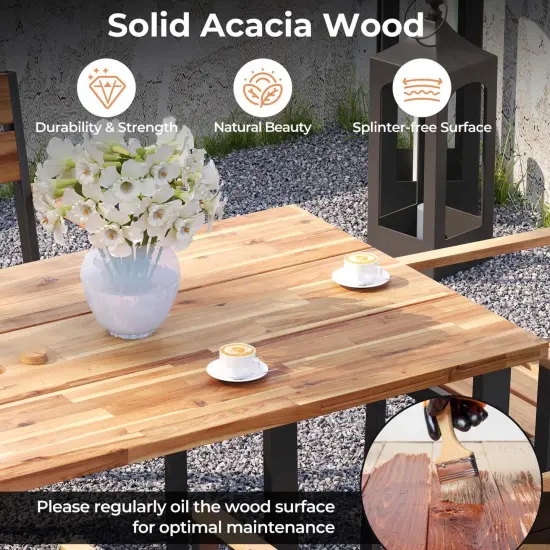 Costway 7 PCS Acacia Wood Patio Dining Set 6 Armchairs and 69" Table with 2" Umbrella Hole {6}