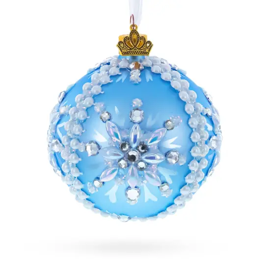Blue and Pearl Jewel-Embellished Glass Ball Ornament 3.25 Inches {1}